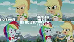 Size: 1280x720 | Tagged: safe, derpibooru import, edit, edited screencap, editor:quoterific, screencap, applejack, rainbow dash, equestria girls, legend of everfree, applejack's hat, camp everfree outfits, cowboy hat, female, hammer, hat, image, open mouth, open smile, png, smiling