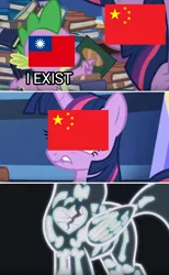 Size: 812x1320 | Tagged: safe, derpibooru import, edit, edited screencap, screencap, rainbow dash, spike, thunderlane, twilight sparkle, twilight sparkle (alicorn), alicorn, dragon, father knows beast, book, china, comic, eqg flag-tag meme, female, heart, heartbreak, image, male, png, politics, republic of china, sad, screencap comic, shipping, straight, taiwan, thunderdash, winged spike, wings, x-ray, x-ray picture