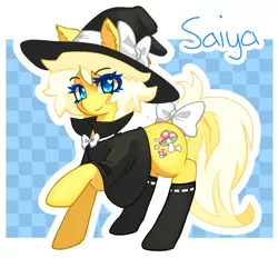 Size: 1434x1332 | Tagged: safe, derpibooru import, oc, oc:saiya, unofficial characters only, earth pony, pony, blonde hair, blue eyes, bow, cloak, clothes, costume, crossdressing, cutie mark, earth pony oc, halloween, hat, holiday, image, jpeg, lifted leg, looking at you, male, socks, solo, standing, stockings, thigh highs, witch hat, yellow coat