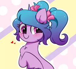 Size: 5032x4547 | Tagged: safe, artist:kittyrosie, derpibooru import, izzy moonbow, pony, unicorn, my little pony: a new generation, abstract background, alternate hairstyle, blushing, chest fluff, cute, female, fluffy, g5, happy, heart, high res, image, izzybetes, mare, png, ponytail, simple background, smiling, solo, starry eyes, unshorn fetlocks, wingding eyes