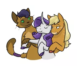 Size: 882x760 | Tagged: safe, artist:moonstruck-badger, derpibooru import, edit, applejack, capper dapperpaws, rarity, abyssinian, earth pony, pony, unicorn, my little pony: the movie, bisexual, capperarijack, capperity, cloven hooves, colored hooves, cropped, curved horn, eyes closed, female, horn, image, lesbian, male, mare, png, polyamory, rarijack, shipping, simple background, smiling, straight, unshorn fetlocks, white background