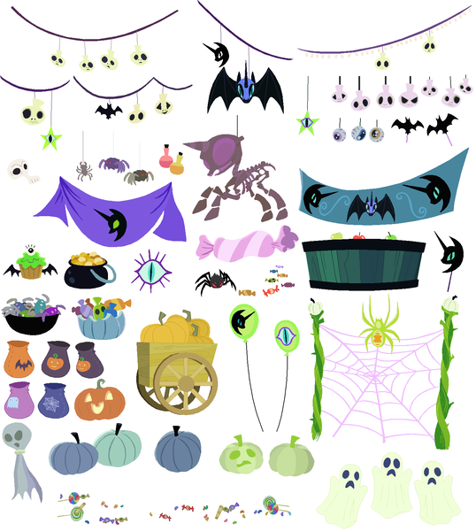 Size: 1446x1614 | Tagged: safe, artist:selenaede, derpibooru import, ghost, skeleton pony, spider, undead, balloon, bedsheet ghost, bone, decoration, eyeball, halloween, holiday, image, jack-o-lantern, nightmare night, png, pumpkin, simple background, skeleton, transparent background, vector