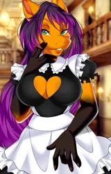 Size: 817x1280 | Tagged: safe, artist:butterfliess, derpibooru import, oc, oc:trigger treat, unofficial characters only, anthro, earth pony, bedroom eyes, breasts, clothes, commission, digital art, female, image, jpeg, looking at you, maid, solo, tail, thighs