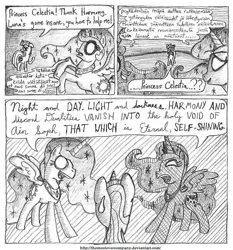 Size: 1232x1324 | Tagged: safe, artist:horselover fat, derpibooru import, princess celestia, princess luna, twilight sparkle, comic:childhood's end, comic, finnish, french, image, jpeg, kabbalah, monochrome, sanskrit, traditional art