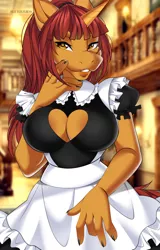 Size: 817x1280 | Tagged: safe, alternate version, artist:butterfliess, derpibooru import, oc, oc:rivet pop, unofficial characters only, anthro, unicorn, breasts, clothes, commission, digital art, horn, image, jpeg, looking at you, maid