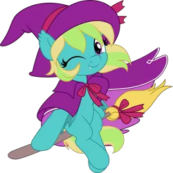 Size: 5005x5000 | Tagged: safe, artist:jhayarr23, derpibooru import, oc, oc:lutecia, unofficial characters only, bat pony, pony, bat pony oc, bat wings, broom, cape, clothes, commission, costume, female, flying, flying broomstick, halloween, hat, holiday, image, looking at you, mare, one eye closed, png, simple background, solo, transparent background, wings, witch costume, witch hat, ych result