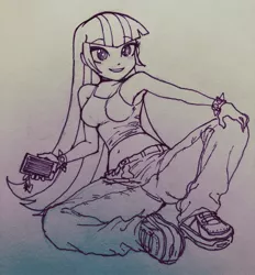 Size: 1536x1658 | Tagged: safe, artist:nairdags, derpibooru import, sonata dusk, equestria girls, belly button, clothes, cute, female, image, jpeg, mobile phone, monochrome, phone, shoes, smartphone, sneakers, solo, sonatabetes, traditional art