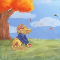 Size: 800x800 | Tagged: safe, artist:hololynx, derpibooru import, butterscotch (g3), earth pony, pony, autumn, cloud, cup, female, image, leaves, png, solo, teacup, tree