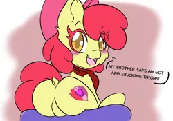 Size: 2388x1668 | Tagged: suggestive, artist:steelsoul, derpibooru import, apple bloom, apple bloom's bow, bloom butt, blushing, bow, butt, butt freckles, clothes, dialogue, dock, featureless crotch, foalcon, freckles, hair bow, image, looking at you, open mouth, plot, png, scarf, sitting, smiling, tail, underage