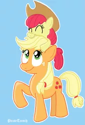 Size: 491x716 | Tagged: safe, artist:piratetwench, derpibooru import, apple bloom, applejack, earth pony, pony, apple bloom riding applejack, female, filly, image, mare, png, siblings, sisters
