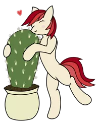 Size: 2200x2800 | Tagged: safe, artist:sovietpony, derpibooru import, oc, oc:sovietpony, unofficial characters only, pony, bipedal, cactus, cute, eyes closed, heart, hug, image, png, potted plant, simple background, solo, standing, standing on one leg, this will end in pain, transparent background