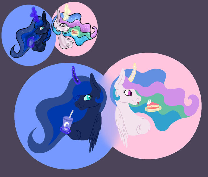 Size: 1280x1088 | Tagged: safe, artist:lilsoftlamb, derpibooru import, princess celestia, princess luna, pony, cake, food, image, jpeg, magic