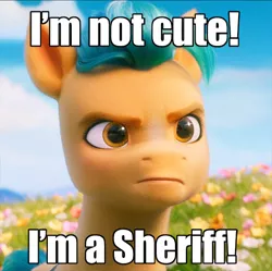 Size: 581x579 | Tagged: safe, derpibooru import, edit, edited screencap, screencap, hitch trailblazer, earth pony, pony, my little pony: a new generation, spoiler:my little pony: a new generation, caption, cropped, frown, g5, hitch is not amused, image, image macro, jpeg, solo, text, unamused