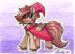 Size: 2052x1474 | Tagged: safe, artist:dandy, derpibooru import, oc, oc:hazelnut brew, unofficial characters only, pegasus, pony, cape, chest fluff, clothes, colored pencil drawing, ear fluff, ear piercing, earring, eye clipping through hair, female, hat, image, jewelry, looking at you, piercing, png, solo, traditional art, unshorn fetlocks, witch, witch hat