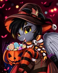 Size: 2550x3209 | Tagged: safe, artist:pridark, derpibooru import, part of a set, oc, pegasus, pony, bucket, candy, clothes, commission, costume, food, halloween, hat, high res, holiday, image, jack-o-lantern, open mouth, part of a series, pegasus oc, png, pumpkin, pumpkin bucket, socks, solo, striped socks, wings, witch hat, ych result