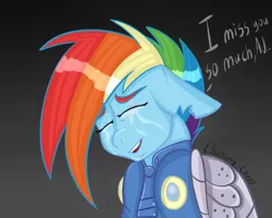 Size: 1280x1024 | Tagged: safe, artist:anastasiaplisetskaya, derpibooru import, rainbow dash, pegasus, pony, alternate timeline, amputee, apocalypse dash, artificial wings, augmented, crying, crystal war timeline, female, gradient background, image, implied applejack, implied death, jpeg, ponytober, prosthetic limb, prosthetic wing, prosthetics, solo, wings