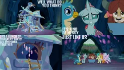 Size: 1280x720 | Tagged: safe, derpibooru import, edit, edited screencap, editor:quoterific, screencap, gallus, ocellus, sandbar, silverstream, smolder, yona, changeling, dragon, earth pony, gryphon, hippogriff, pony, yak, season 9, uprooted, spoiler:s09, eyes closed, female, hug, image, male, open mouth, png, smiling, stallion, student six