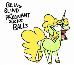 Size: 2326x2067 | Tagged: safe, artist:dodiejinx, derpibooru import, oc, oc:cinnamon apple, unofficial characters only, pony, unicorn, angry, blind, female, image, jpeg, open mouth, pregnant, simple background, solo, vulgar, white background, yelling