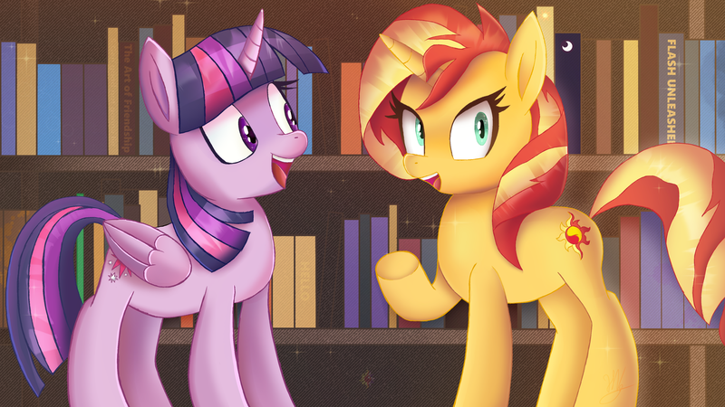 Size: 3840x2160 | Tagged: safe, artist:kartinx, derpibooru import, sunset shimmer, twilight sparkle, twilight sparkle (alicorn), alicorn, pony, unicorn, bookshelf, duo, female, image, library, png