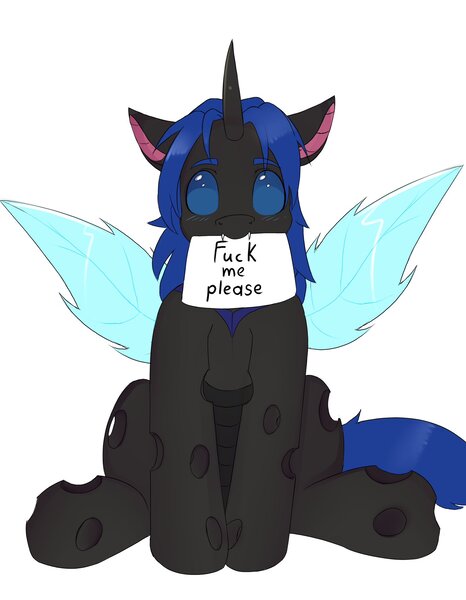 Size: 1591x2047 | Tagged: suggestive, artist:knochka, derpibooru import, oc, oc:swift dawn, unofficial characters only, changeling, pony, asking for it, blue changeling, blue eyes, bronybait, changeling oc, commission, eyebrows, eyebrows visible through hair, fangs, horn, image, jpeg, looking at you, male, mouth hold, paper, simple background, sitting, solo, stallion, text, vulgar, white background, wings, ych result