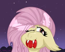 Size: 1280x1024 | Tagged: safe, artist:anastasiaplisetskaya, derpibooru import, fluttershy, bat pony, pony, apple, bat ponified, eating, fangs, female, flutterbat, food, image, jpeg, night, night sky, one eye closed, ponytober, race swap, sky, solo