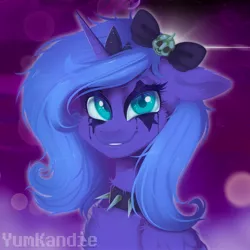 Size: 3500x3500 | Tagged: safe, artist:yumkandie, derpibooru import, princess luna, alicorn, pony, abstract background, bow, bust, collar, female, hair bow, image, jpeg, makeup, solo, spiked collar