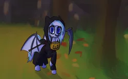 Size: 2782x1732 | Tagged: safe, artist:sufficient, derpibooru import, oc, oc:snowcap, unofficial characters only, bat pony, autumn, autumn leaves, candy, clothes, costume, food, grim reaper, halloween, halloween costume, holiday, image, leaf, leaves, night, nightmare night, png, scythe