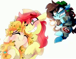 Size: 3600x2800 | Tagged: safe, artist:nekosnicker, derpibooru import, bright mac, pear butter, oc, oc:neko, earth pony, pony, ghostbusters, image, jpeg, proton pack, sharp teeth, teeth