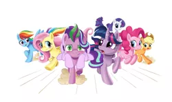 Size: 2032x1204 | Tagged: safe, artist:anthony conley, derpibooru import, applejack, fluttershy, pinkie pie, rainbow dash, rarity, spike, starlight glimmer, twilight sparkle, twilight sparkle (alicorn), ponified, alicorn, earth pony, pegasus, pony, unicorn, a pony named spike, female, illustration, image, male, mane seven, mane six, png, ponified spike, riding a pony, shipping, simple background, sparlight, species swap, straight, white background