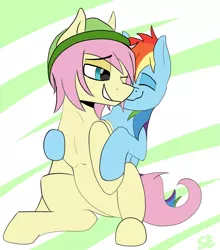 Size: 1437x1632 | Tagged: safe, artist:sefastpone, derpibooru import, fluttershy, rainbow dash, pegasus, pony, abstract background, butterscotch, digital art, gay, hug, image, looking back, male, males only, png, rainbow blitz, rule 63, stallion