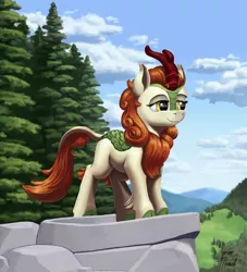 Size: 1600x1759 | Tagged: safe, artist:zevironmoniroth, derpibooru import, autumn blaze, kirin, female, image, lidded eyes, mountain, png, rock, smiling, solo, tree