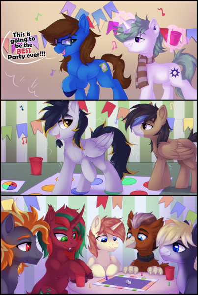 Size: 1510x2250 | Tagged: safe, artist:dinoalpaka, derpibooru import, oc, oc:ambrosia firehoof, oc:crashing thunder, oc:digidash, oc:dusk starshimmer, oc:gear (gearslavehorse), oc:grimvale, oc:thunder arch, oc:zenith night, earth pony, pegasus, pony, unicorn, comic:fun party, comic, commission, dialogue, image, male, party, png, stallion