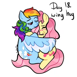 Size: 2048x2048 | Tagged: safe, artist:carconutty, derpibooru import, fluttershy, rainbow dash, pegasus, pony, blushing, colored wings, cuddling, eyes closed, female, flutterdash, folded wings, happy, high res, hug, image, lesbian, looking at someone, mare, one eye closed, one wing out, png, ponytober, shipping, simple background, sitting, smiling, two toned wings, white background, winghug, wings