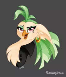 Size: 1750x2048 | Tagged: safe, artist:sneepydraws, derpibooru import, captain celaeno, parrot pirates, my little pony: the movie, beauty mark, bust, ear piercing, earring, female, gray background, image, jewelry, jpeg, lidded eyes, piercing, pirate, portrait, signature, simple background, smiling, solo, storm king's messenger outfit