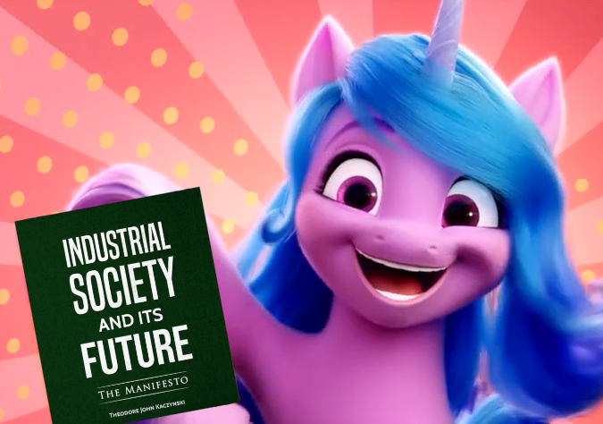 Size: 675x474 | Tagged: safe, derpibooru import, edit, edited screencap, screencap, izzy moonbow, pony, unicorn, my little pony: a new generation, background, big smile, cropped, ecstatic, female, g5, horn, ideology, image, jpeg, meme, open mouth, politics, ted kaczynski, unabomber, why did i make this