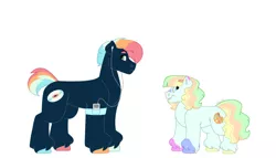 Size: 1280x732 | Tagged: safe, artist:itstechtock, derpibooru import, oc, oc:citrus fizz, oc:neon bop, unofficial characters only, earth pony, pony, female, filly, image, jpeg, magical threesome spawn, male, parent:coconut cream, parent:lightning flare, parent:toola roola, simple background, stallion, white background