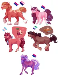 Size: 4000x5312 | Tagged: safe, artist:uunicornicc, derpibooru import, big macintosh, cheerilee, sugar belle, oc, oc:cherry apple, oc:cinnamon apple crumb, pony, bisexual pride flag, coat markings, colored hooves, female, gender headcanon, genderfluid, genderfluid pride flag, image, mare, missing cutie mark, offspring, parent:big macintosh, parent:cheerilee, parent:sugar belle, parents:cheerimac, parents:sugarmac, png, pride, pride flag, simple background, transgender pride flag, unshorn fetlocks, vincian pride flag, white background