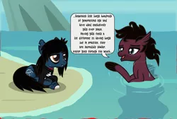 Size: 2871x1928 | Tagged: safe, artist:lightningbolt, derpibooru import, oc, ponified, ponified:jordan fish, ponified:oliver sykes, earth pony, pony, seapony (g4), undead, zombie, zombie pony, .svg available, bags under eyes, beach, bone, bring me the horizon, clothes, colored pupils, colored sclera, derpibooru exclusive, drop dead clothing, duo, duo male, facial hair, fangs, fins, image, jewelry, lidded eyes, long sleeves, male, mlp fim's eleventh anniversary, necklace, ocean, open mouth, png, scar, sky, smiling, speech bubble, stallion, stitches, tattoo, teaching, vector, water, wet
