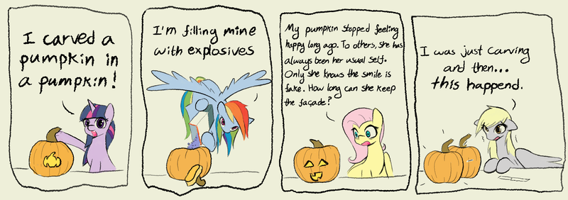 Size: 5100x1800 | Tagged: safe, artist:adamscage, derpibooru import, derpy hooves, fluttershy, rainbow dash, twilight sparkle, pegasus, unicorn, friendship is magic, comic, dialogue, duplication, explosives, flying, halloween, holiday, image, jack-o-lantern, looking at you, multicolored mane, no catchlights, png, pumpkin, shaking, text, unicorn twilight, xkcd