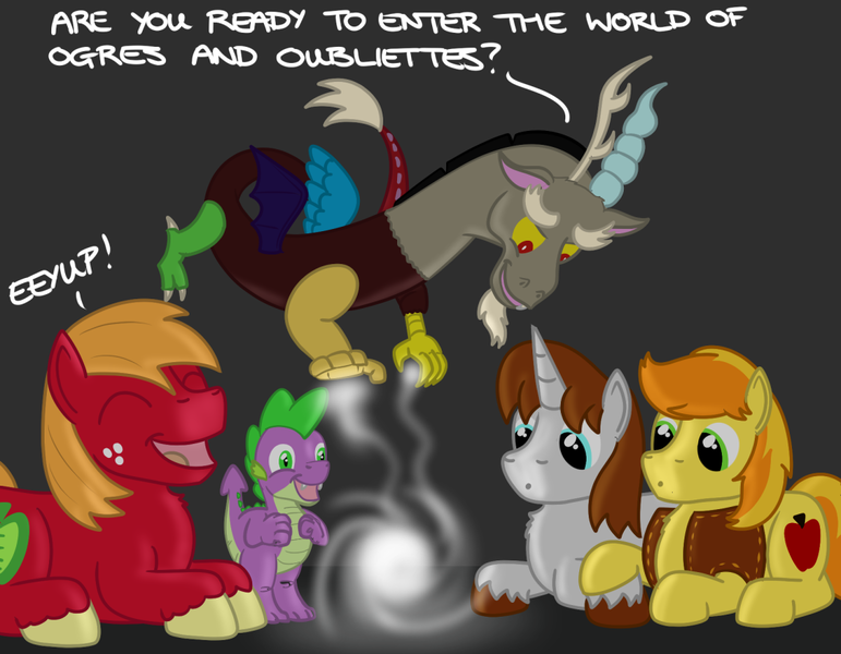 Size: 1080x840 | Tagged: safe, artist:hoofclid, derpibooru import, big macintosh, braeburn, discord, spike, oc, oc:hoofclid, draconequus, dragon, pony, :o, black background, dungeons and dragons, eyup, fangs, gray background, horn, image, magic, male, ogres and oubliettes, open mouth, pen and paper rpg, png, rpg, simple background, stallion, text
