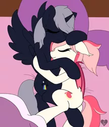 Size: 3311x3854 | Tagged: safe, artist:gnashie, derpibooru import, oc, oc:blood moon, oc:quantum flash, unofficial characters only, alicorn, bat pony, alicorn oc, bat pony oc, bat wings, bed, blanket, colored, cuddling, eyes closed, flat colors, floppy ears, hoof on head, horn, image, lying down, pillow, png, side, sleeping, smiling, snuggling, wings
