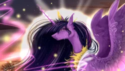 Size: 2560x1456 | Tagged: safe, artist:martazap3, derpibooru import, princess twilight 2.0, twilight sparkle, twilight sparkle (alicorn), alicorn, pony, the last problem, spoiler:mlp friendship is forever, cringing, crown, female, horn, image, jewelry, jpeg, my little pony, older, older twilight, princess, regalia, sad, solo, twilight mlp, wings