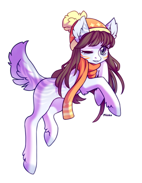 Size: 1400x1805 | Tagged: safe, artist:miioko, derpibooru import, oc, unofficial characters only, earth pony, pony, base used, clothes, earth pony oc, hat, image, one eye closed, png, scarf, simple background, smiling, solo, transparent background, wink