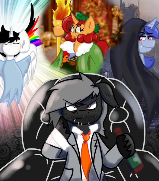 Size: 1000x1138 | Tagged: safe, artist:tranzmuteproductions, derpibooru import, oc, oc:aeon of dreams, oc:keyframe, oc:lightning bliss, oc:tranzmute, unofficial characters only, alicorn, pony, a christmas carol, alicorn oc, cloak, clothes, couch, eyes closed, female, grumpy, horn, image, male, mare, necktie, png, sitting, smiling, smirk, stallion, suit, torch, wings