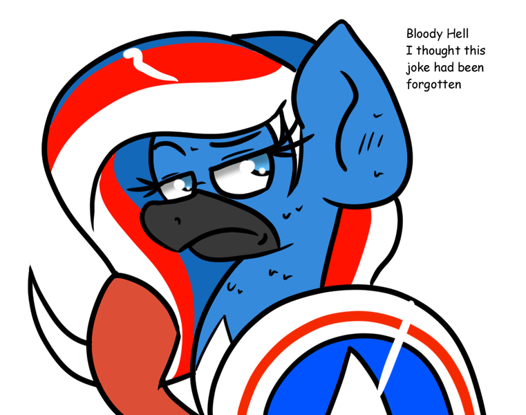 Size: 1000x788 | Tagged: safe, artist:tranzmuteproductions, derpibooru import, oc, oc:obabscribbler, unofficial characters only, earth pony, pony, bust, captain america, clothes, cosplay, costume, female, frown, image, mare, marvel, png, shield, simple background, solo, talking, white background