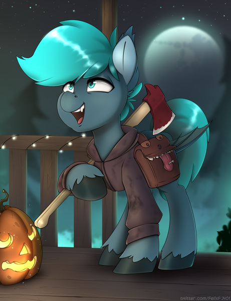 Size: 2894x3766 | Tagged: safe, artist:felixf, derpibooru import, oc, unofficial characters only, bat pony, pony, axe, bat pony oc, bat wings, clothes, commission, costume, halloween, halloween costume, holiday, image, lamp, nightmare night, png, pumpkin, solo, trick or treat, weapon, wings, ych result