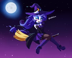 Size: 1600x1300 | Tagged: safe, artist:melliedraws, derpibooru import, rarity, anthro, unicorn, broom, clothes, costume, flying, halloween, halloween costume, hat, holiday, image, moon, night, png, solo, witch, witch costume, witch hat