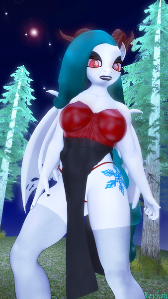 Size: 2160x3840 | Tagged: suggestive, artist:kevhon, derpibooru import, oc, oc:snow star, anthro, bat pony, demon, 3d, bat pony oc, bat wings, breasts, clothes, female, horns, image, looking at you, nail polish, night, panties, pine tree, png, skirt, socks, solo, solo female, source filmmaker, stockings, thigh highs, top, tree, underwear, wings