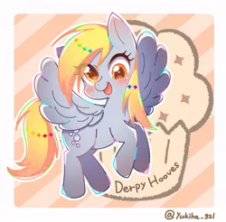 Size: 843x829 | Tagged: safe, artist:yukiha_321, derpibooru import, derpy hooves, pegasus, pony, blushing, cute, derpabetes, female, food, image, jpeg, mare, muffin, open mouth, open smile, smiling, solo, spread wings, wings