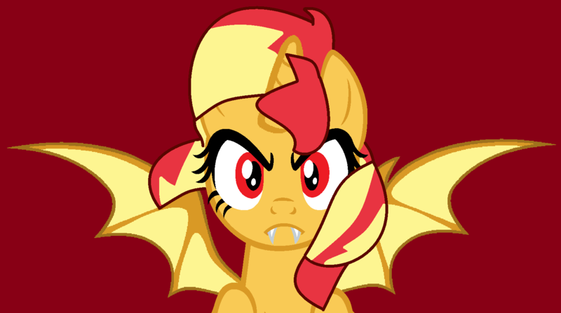 Size: 1568x876 | Tagged: safe, artist:jadeharmony, artist:maddieadopts, derpibooru import, sunset shimmer, alicorn, bat pony, bat pony alicorn, pony, base used, bat ponified, bat wings, fangs, female, horn, image, mare, png, race swap, red background, shimmerbat, simple background, solo, wings